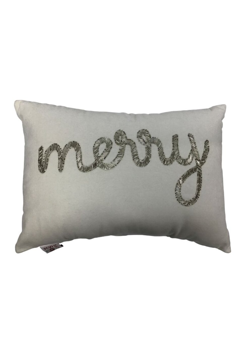 Christmas Silver Beaded Merry Design White Cotton Throw Pillow Devi Designs